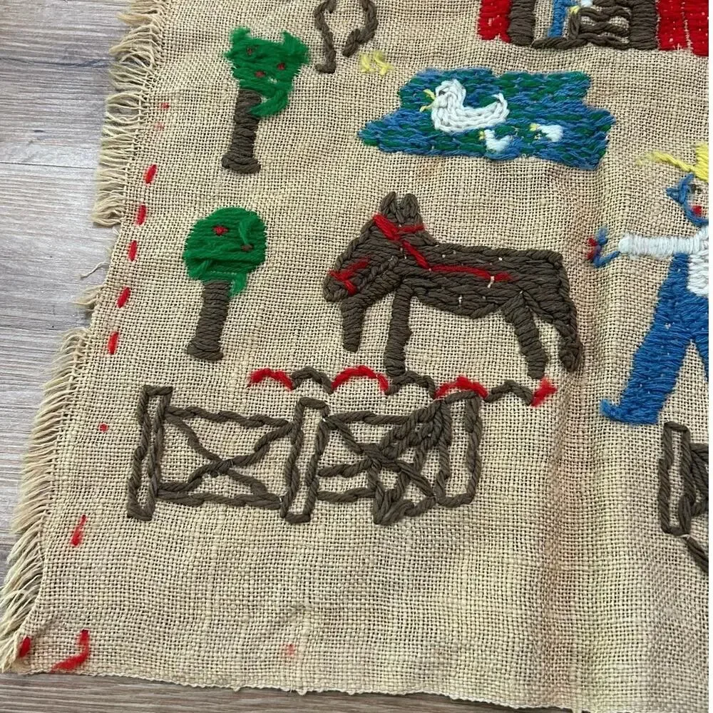 Vintage 1950s Handmade Primitive Farm Folk Art Embroidered Burlap Wall Hanging -